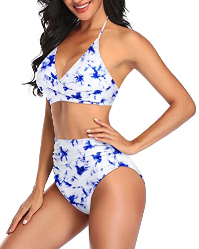 Adjustable Self-Tie Straps Two-Piece High Waisted Bathing Suit-Blue Tie Dye