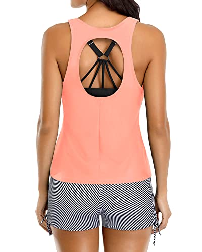 3 Piece Womens Tankini Swimsuits Tank Tops And Bra Athletic Bathing Suit-Pink And Stripes