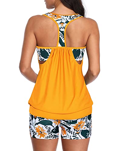 Ladies Athletic Two Piece Tankini Suits Boy Shorts-Yellow Floral