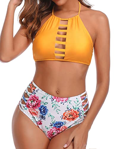Criss Cross Adjustable Strap High Waisted Full Coverage Bikini-Yellow Floral