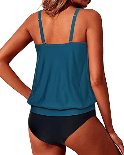 Blouson Tankini Swimsuits For Women Ladies Tank Tops Loose Fit-Teal And Black