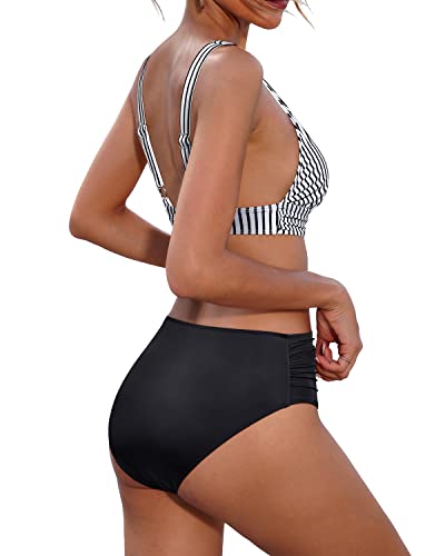 Two-Piece High Waisted Bikini Tummy Control Bathing Suit V Neck Swimwear-Black And White Stripe