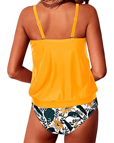 Women's Tummy Control Tankini Swimsuits Mid Waist Bottom-Yellow Floral