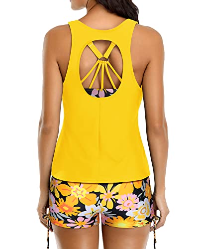 3 Piece Womens Tankini Swimsuit Shorts Athletic Bathing Suit-Yellow Flowers