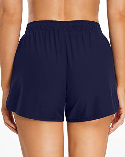 Athletic Elastic Waistband Adjustable Drawstring Swim Shorts For Women-Navy Blue