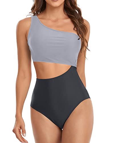 Women's One Shoulder Asymmetric Swimsuit Cutout Swimwear Monokini-Gray