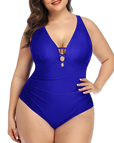 High Waisted Line Supportive Plus Size Deep V Neck One Piece Swimsuit-Royal Blue