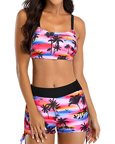 Women's Cutout Back Tankini Top And Summer Beach Swimsuits-Black Palm Tree