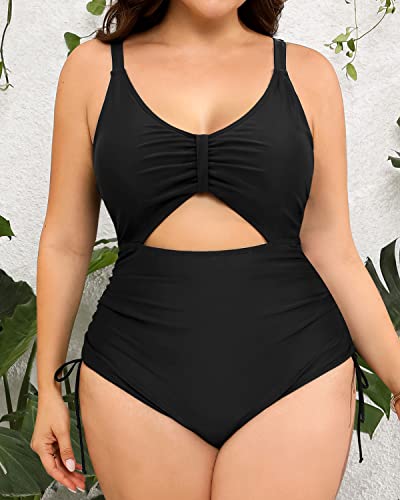 Women Plus Size One Piece Swimsuits Deep V Neck Lace Up Swimwear-Black