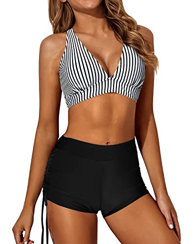 Swim Tank Top Bathing Suits 3 Piece Tankini For Women-Black White Striped