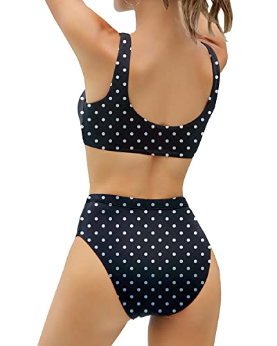 Cheeky Knot Front Two Piece Bikini Set High Waisted Swimsuit For Teens-Black Dot