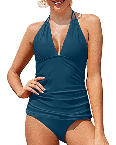 Halter Tankini Swimsuits Adjustable Straps And Tummy Control-Teal