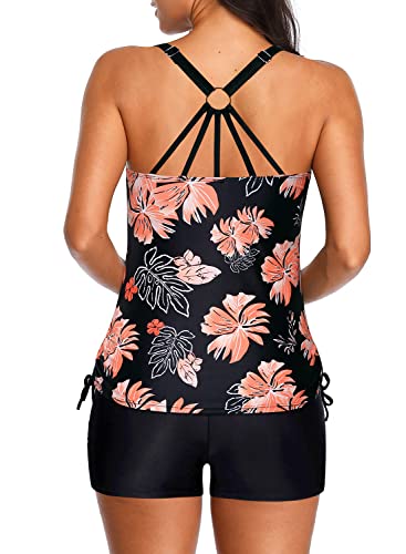 Athletic Two Piece Long Torso Tankini Swimsuits For Women-Black Orange Floral