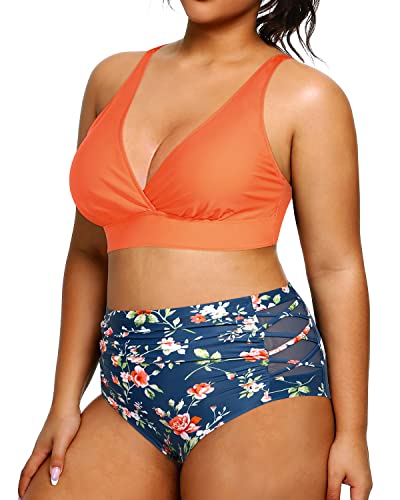 Pool Party Plus Size Bikini High Waisted Bikini Swimsuits For Women-Orange Flowers