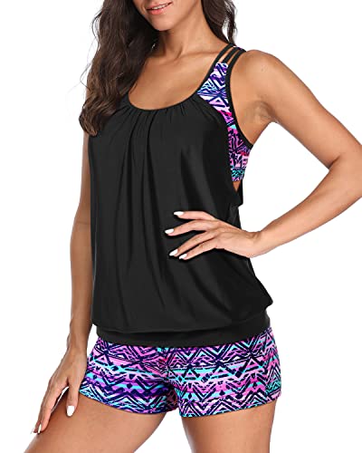 Racerback Bathing Suit Top Boy Shorts For Women-Black And Tribal Purple