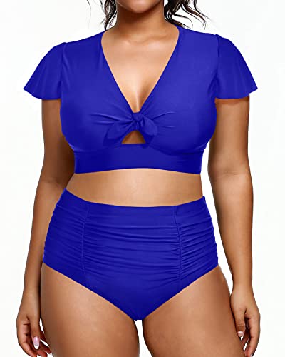 Womens Tummy Control Bathing Suits Short Sleeve Swimwear-Royal Blue