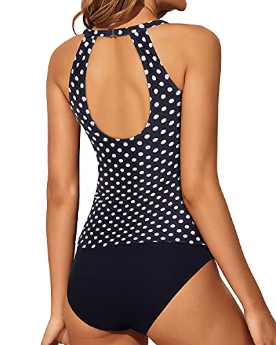 High Neck Halter Top & High Waisted Bottom Two Piece Tankini Swim Suit-Black Dot