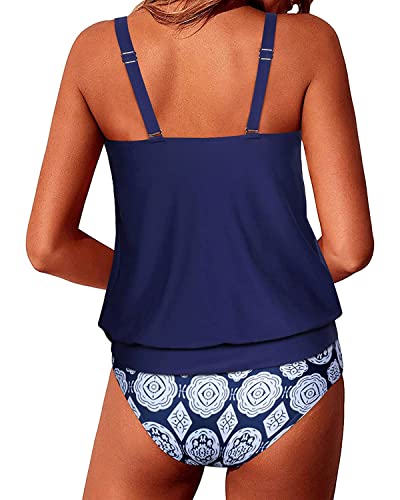 Tummy Control Loose Fit Tankini Bathing Suits For Women-Navy Blue Tribal