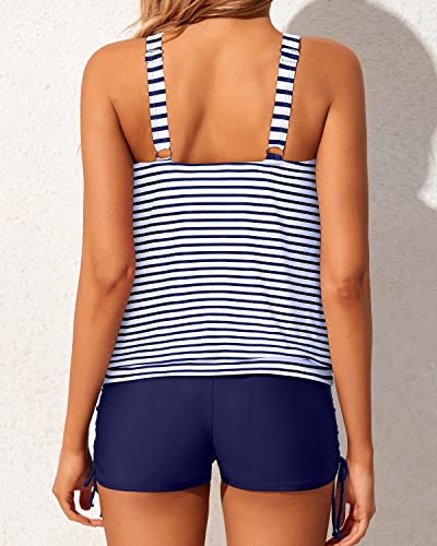 Loose Fitting Blouson Tankini Swimsuits For Women Tops Boyshorts-Blue White Stripe