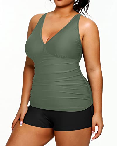 Athletic Plus Size Tankini Boy Shorts Removable Padded Bra Bathing Suits-Olive Green