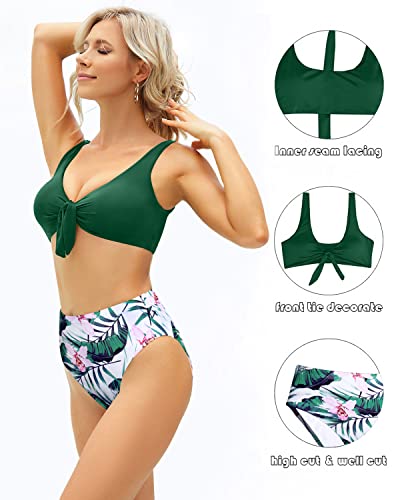 Cute Two Piece Swimsuit High Waisted Bikini Set Knot Front Bathing Suit For Teens-Green Tropical Floral