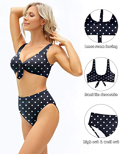 Cheeky Knot Front Two Piece Bikini Set High Waisted Swimsuit For Teens-Black Dot