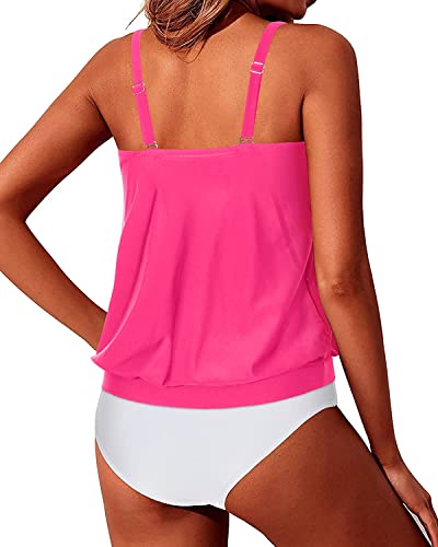 Stylish Push Up Sewn-In Bra Tankini Swimsuits For Teen Girls-Neon Pink