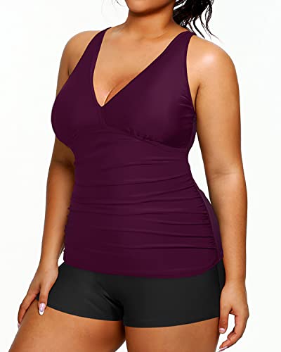 Plus Size Tankini Swimsuit Shorts Athletic Two Piece Swimwear-Maroon