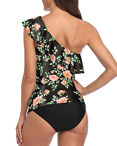Slimming Swimsuits For Women One Shoulder Tankini-Black Pink Flowers