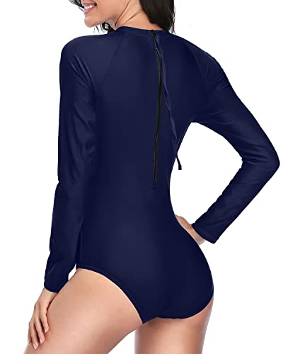 Athletic Style Zipper Back Design Swimwear Zipper Rash Guard For Women-Navy Blue