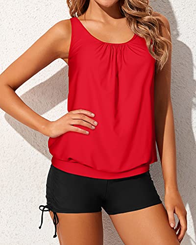 Modest Loose Fit Blouson Tankini Swimsuits For Women Tops Boyshorts-Neon Red