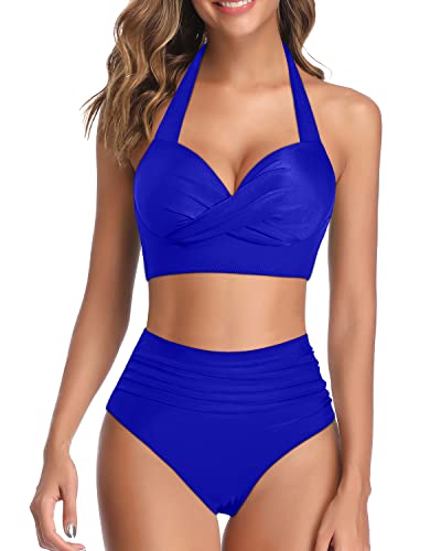 2 Piece High Waisted Bikini Tummy Control Retro Halter Twist Front Swimwear-Royal Blue