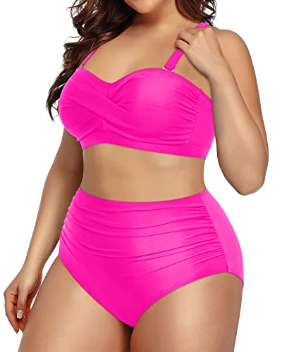 Women's Plus Size Two Piece Bandeau Bikini Tummy Control Swimwear-Neon Pink