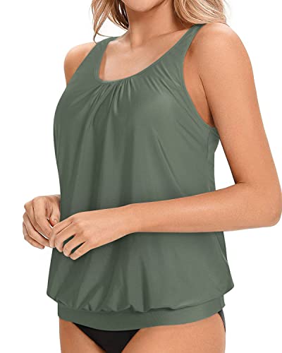 Flattering Blouson Tankini Bathing Top For Women-Olive Green