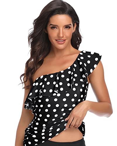 Slimming One Shoulder Tankini Top Front Ruching For Women-Black Dot