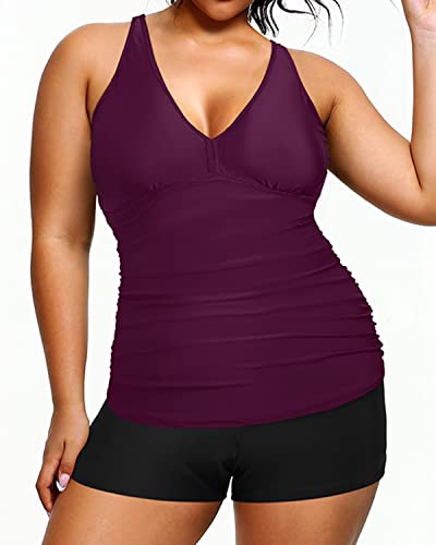 Plus Size Tankini Swimsuit Shorts Athletic Two Piece Swimwear-Maroon