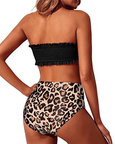 Strapless Off Shoulder Bandeau Bikini Top Cheeky High Waisted Bottom-Black And Leopard