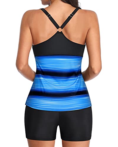 Women's Athletic Two Piece Tankini Swimsuits Boyshorts-Blue And Black Stripe