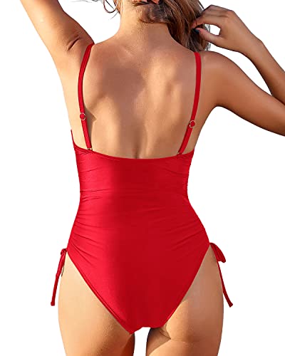 Retro Square Neckline Adjustable Leg-Cut One Piece Swimsuit Cute Swimwear-Red