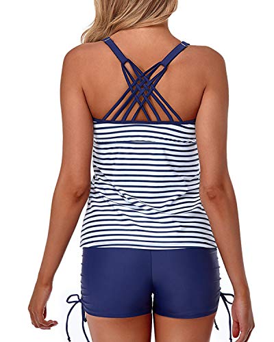 Two Piece Tankini Swimsuits Secure Support For Women-Blue White Stripe