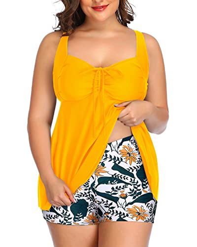 Bowknot Swimwear Tankini Swimsuits Shorts For Curvy Women-Yellow Floral