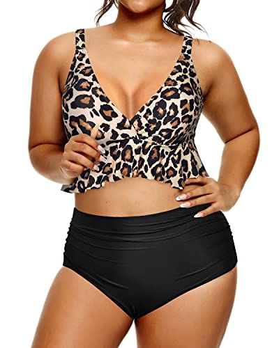 Plus Size Two Piece Swimsuits High Waisted Bikini Set-Black And Leopard