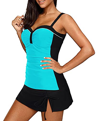 Push Up Tankini Swimsuits Skirt For Beach Getaways-Blue