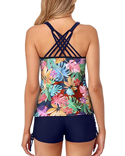 Cross-Back Design Tankini Bathing Suits For Women-Blue Leaves