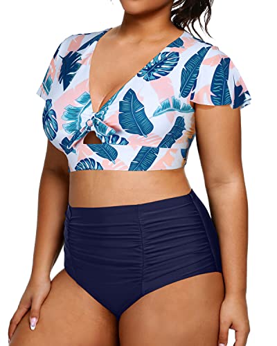 Two Piece Plus Size Bikini Set High Waisted Swimsuits Tummy Control Bathing Suits-Blue Pink Leaves
