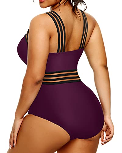 Plus Size One Piece Swimsuits Tummy Control High Waisted Full Coverage Monokinis-Maroon