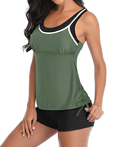 Athletic 2 Piece Tankini Swimsuits Push Up Bra & Adjustable Straps-Olive Green