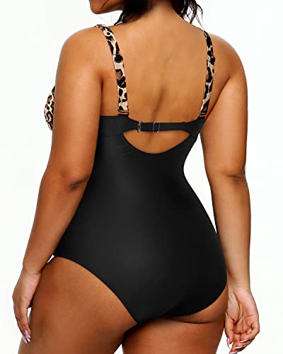 Women's Twist Front Cross One Piece V-Neck Plus Size Swimsuits-Black And Leopard