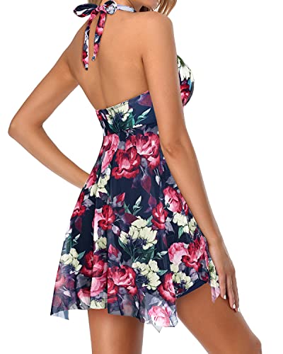 V Neck Backless One Piece Bathing Suit Skirt For Women-Navy Blue Floral