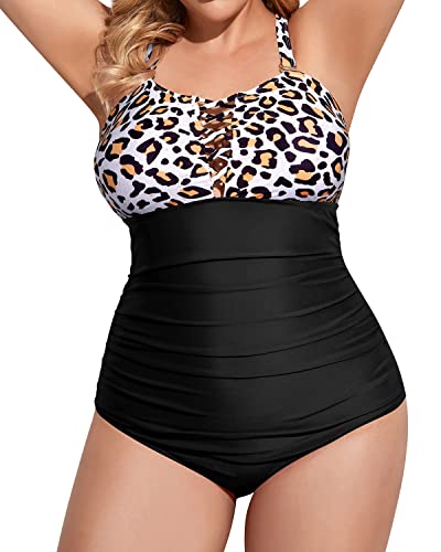 Lace Up Deep V Neck Tummy Control Plus Size One Piece Swimsuits-Black And Leopard